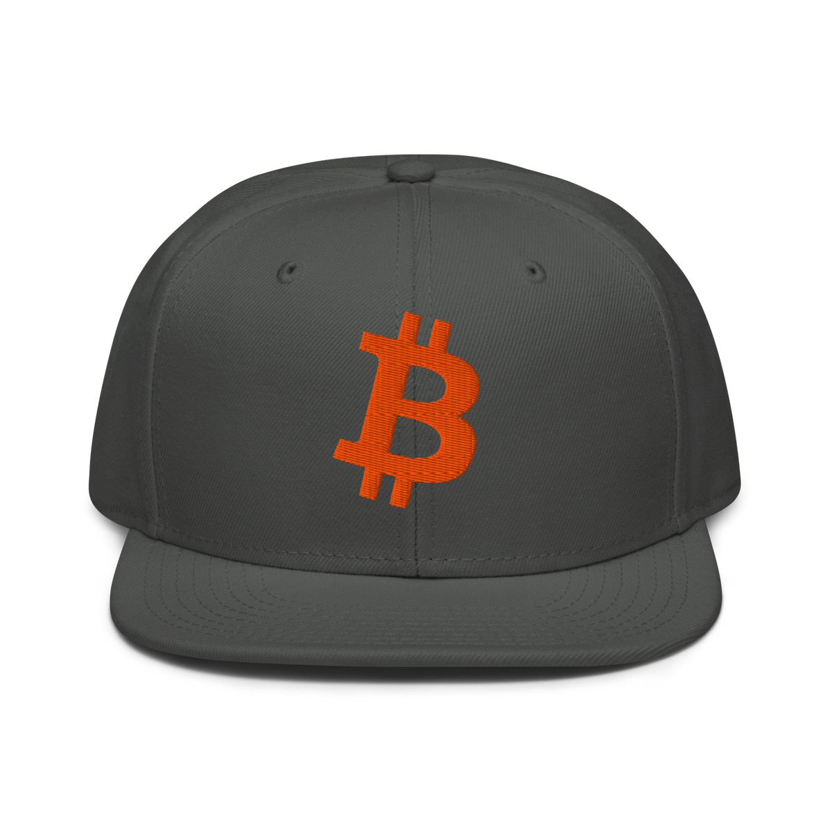 Bitcoin B bitcoin snapback hat in Charcoal gray, front view.