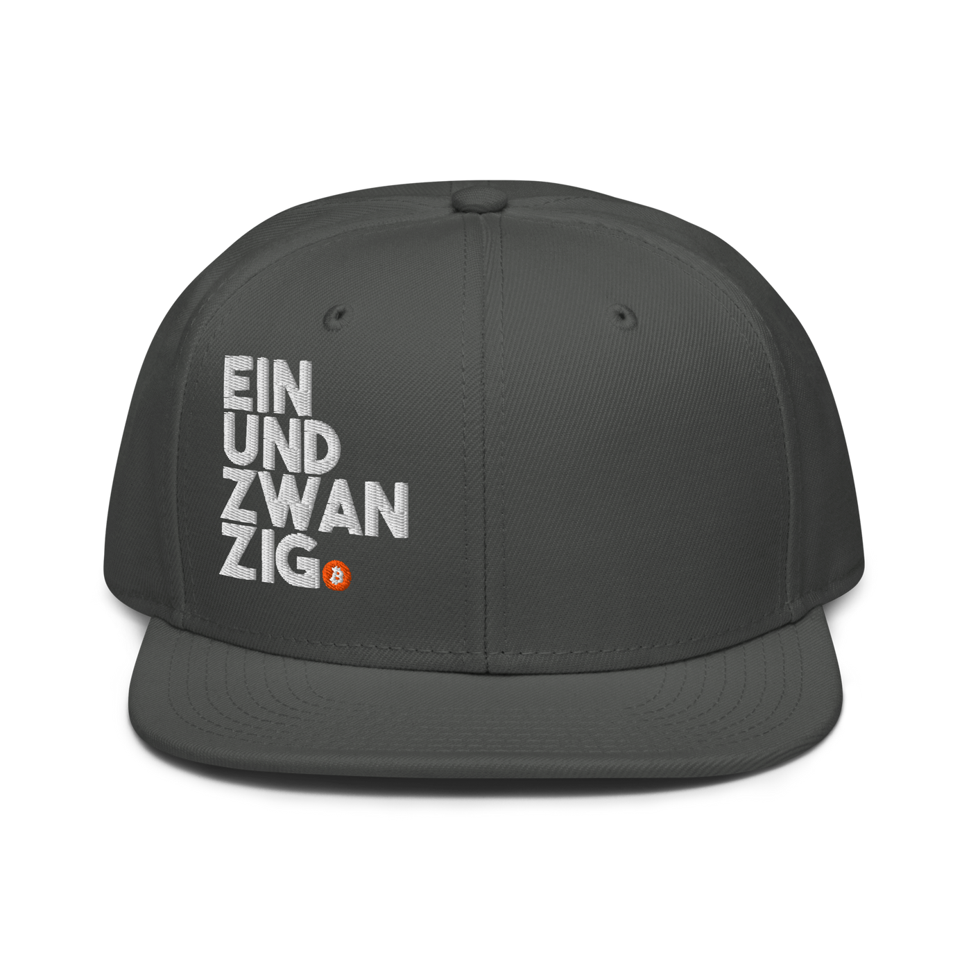 Einundzwanzig bitcoin snapback hat in Charcoal gray, front view.