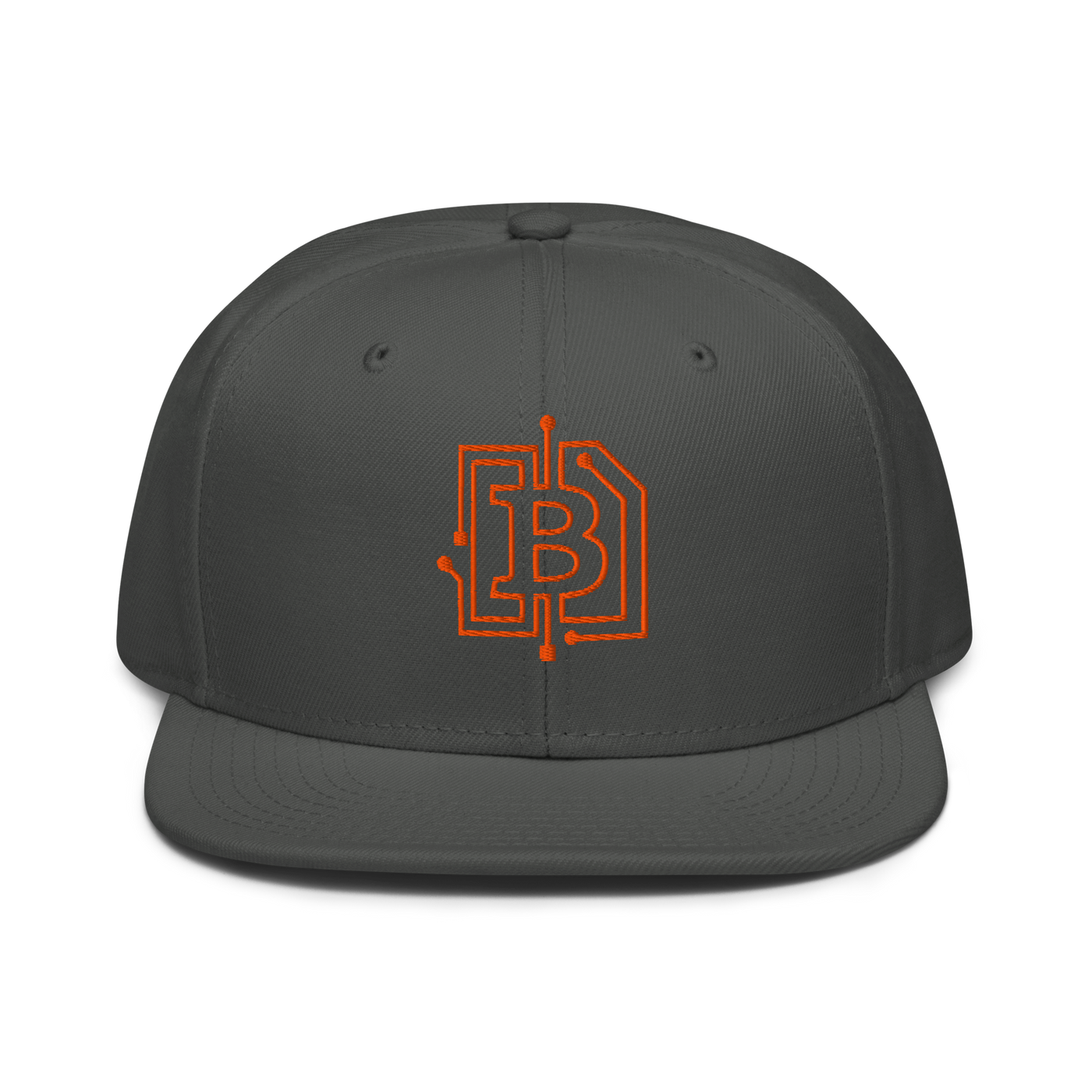 Circuit Board bitcoin snapback hat in Charcoal gray, front view.