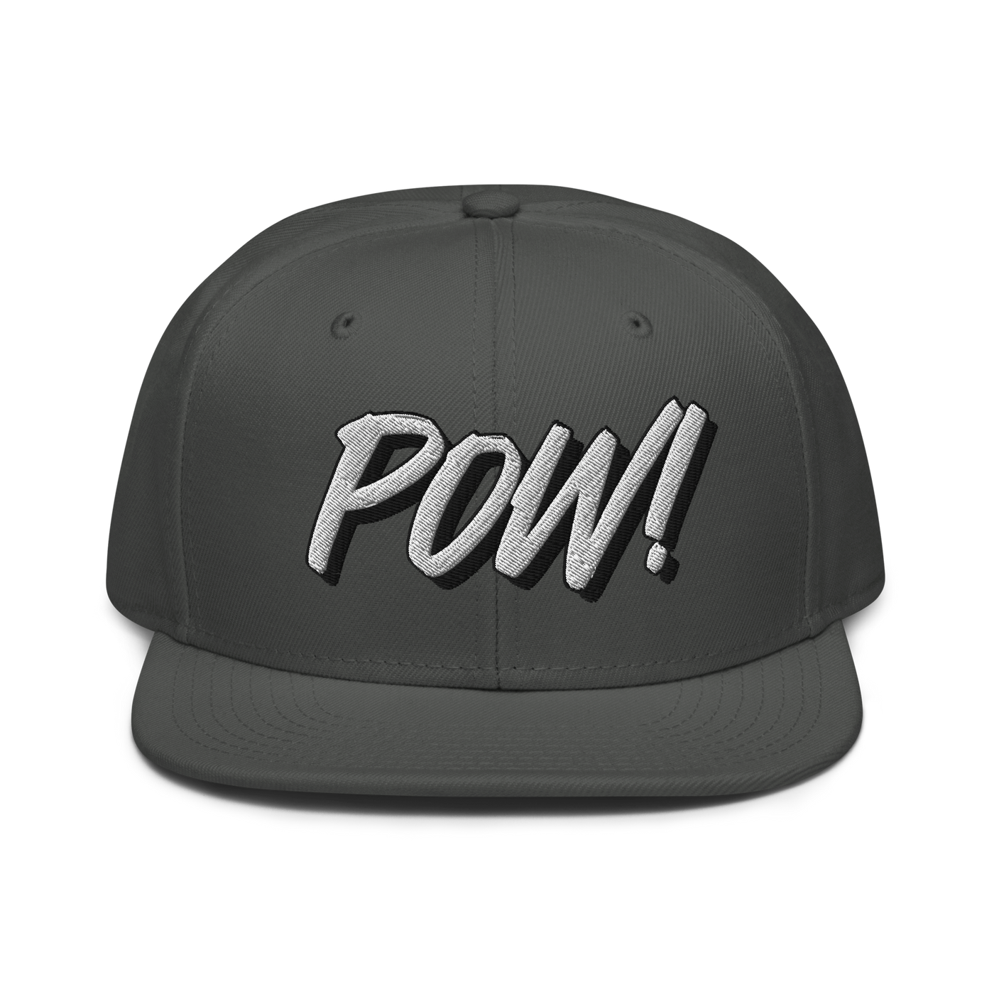 POW! Bitcoin-Snapback-Cap in Anthrazitgrau, Vorderansicht.