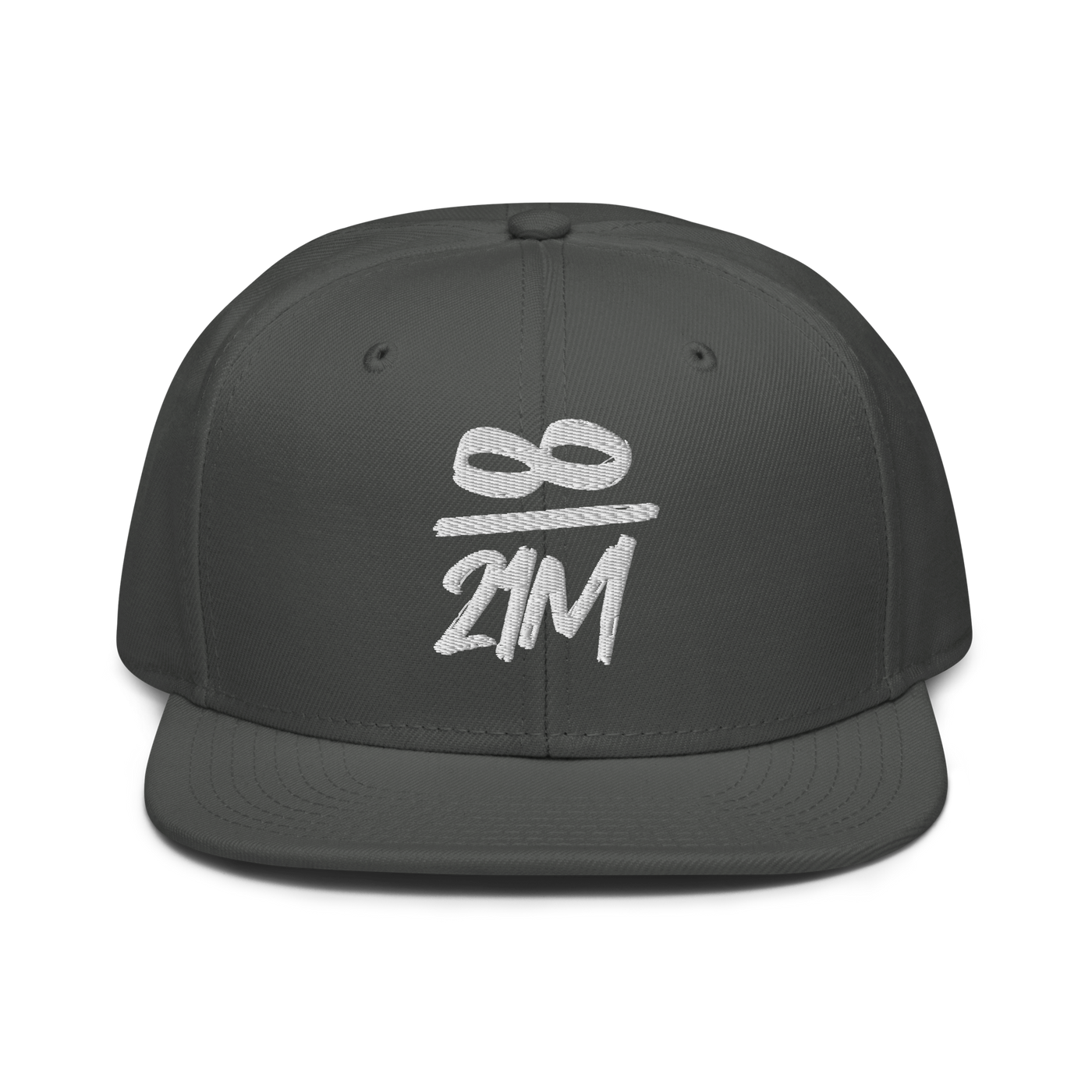 Infinity / 21M bitcoin snapback hat in Charcoal gray, front view.
