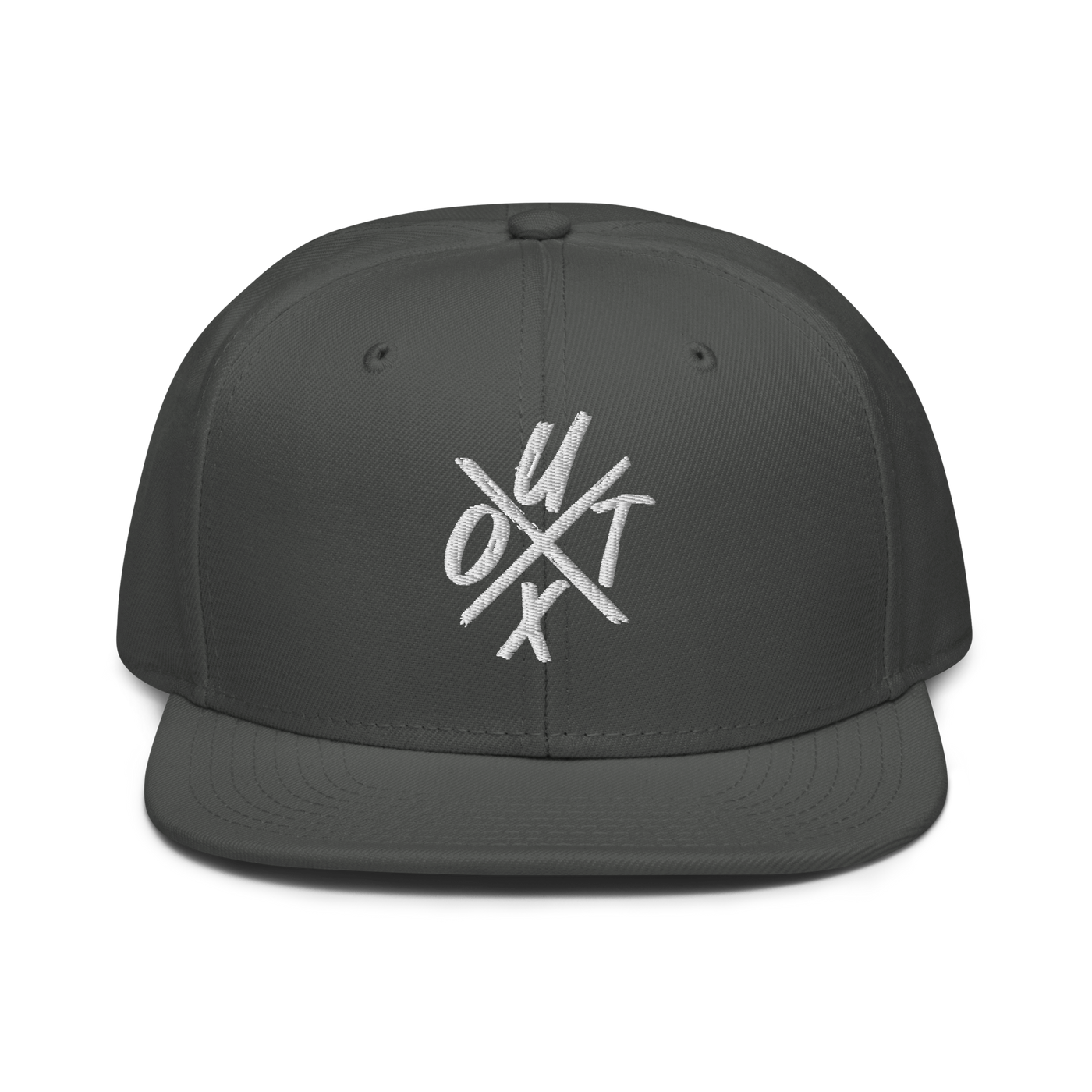 UTXO bitcoin snapback hat in Charcoal gray, front view.
