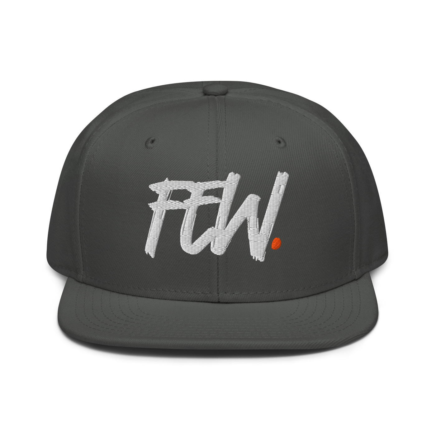 Few. bitcoin snapback hat in Charcoal gray, front view.