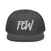 Few. bitcoin snapback hat in Charcoal gray, front view.