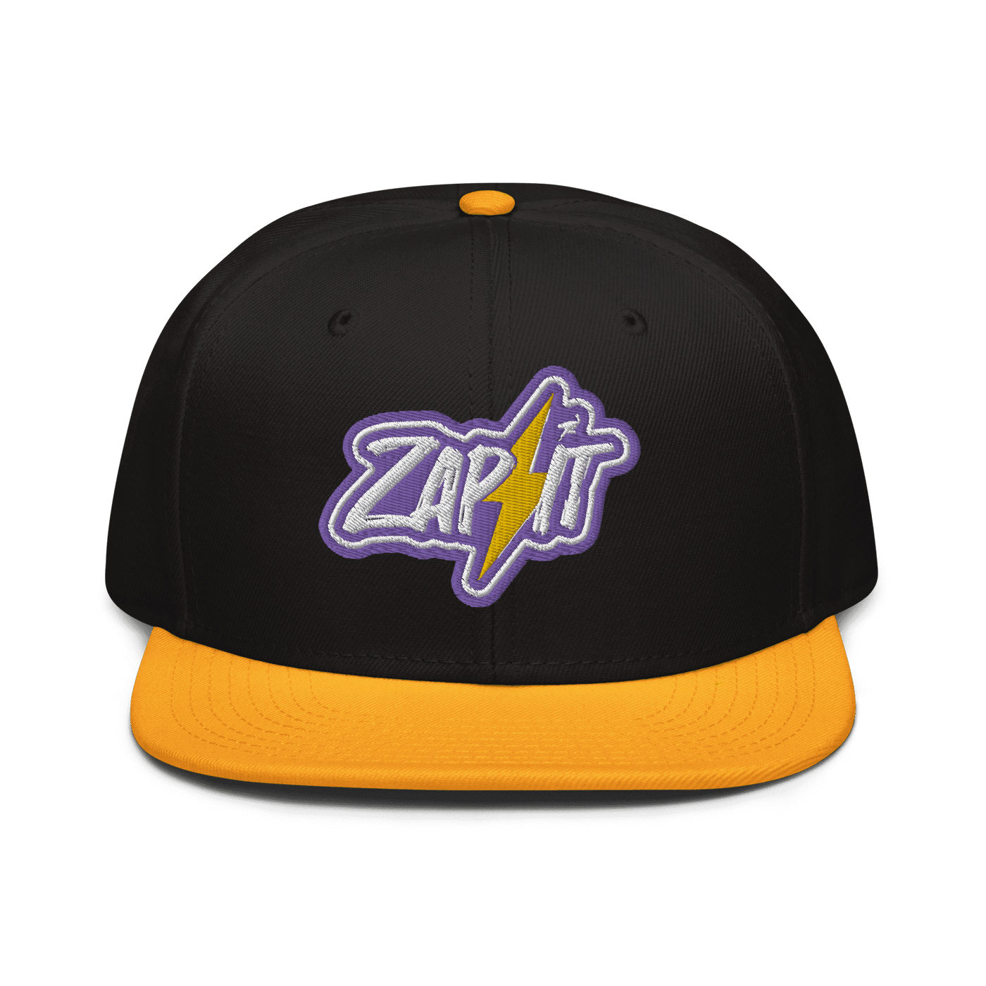 Front view of a black and yellow  nostr snapback hat.