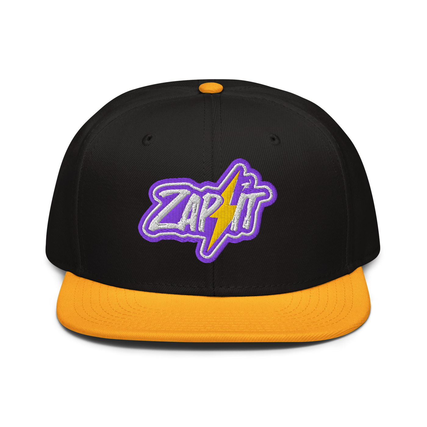 Zap It nostr snapback hat in Gold / Black / Black, front view.