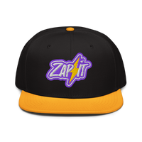 Zap It nostr snapback hat in Gold / Black / Black, front view.
