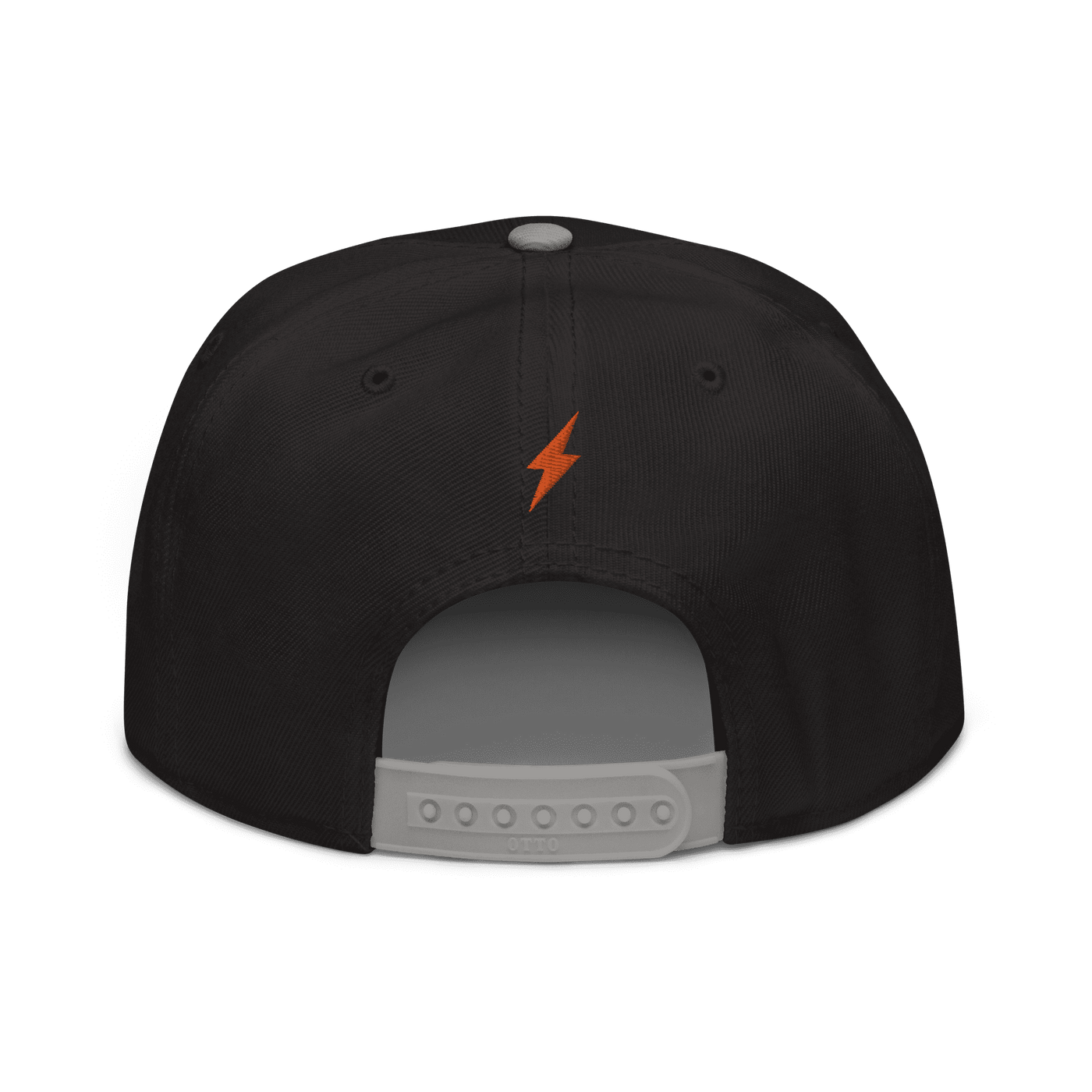 Back view of a black and grey bitcoin snapback hat.