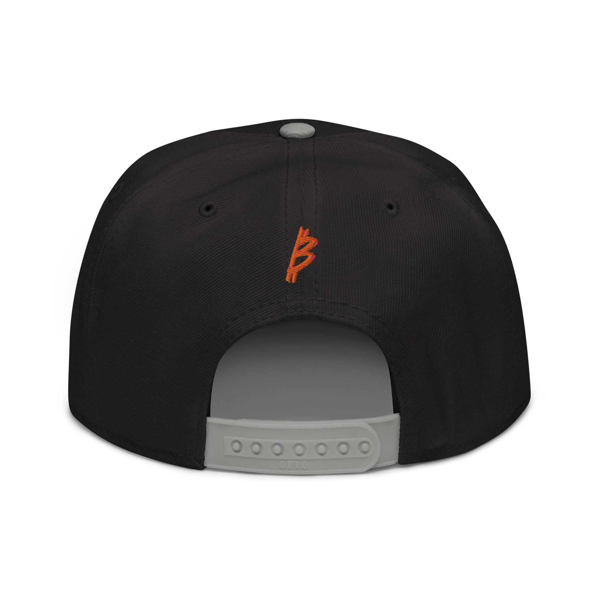Back view of a black and grey bitcoin snapback hat.