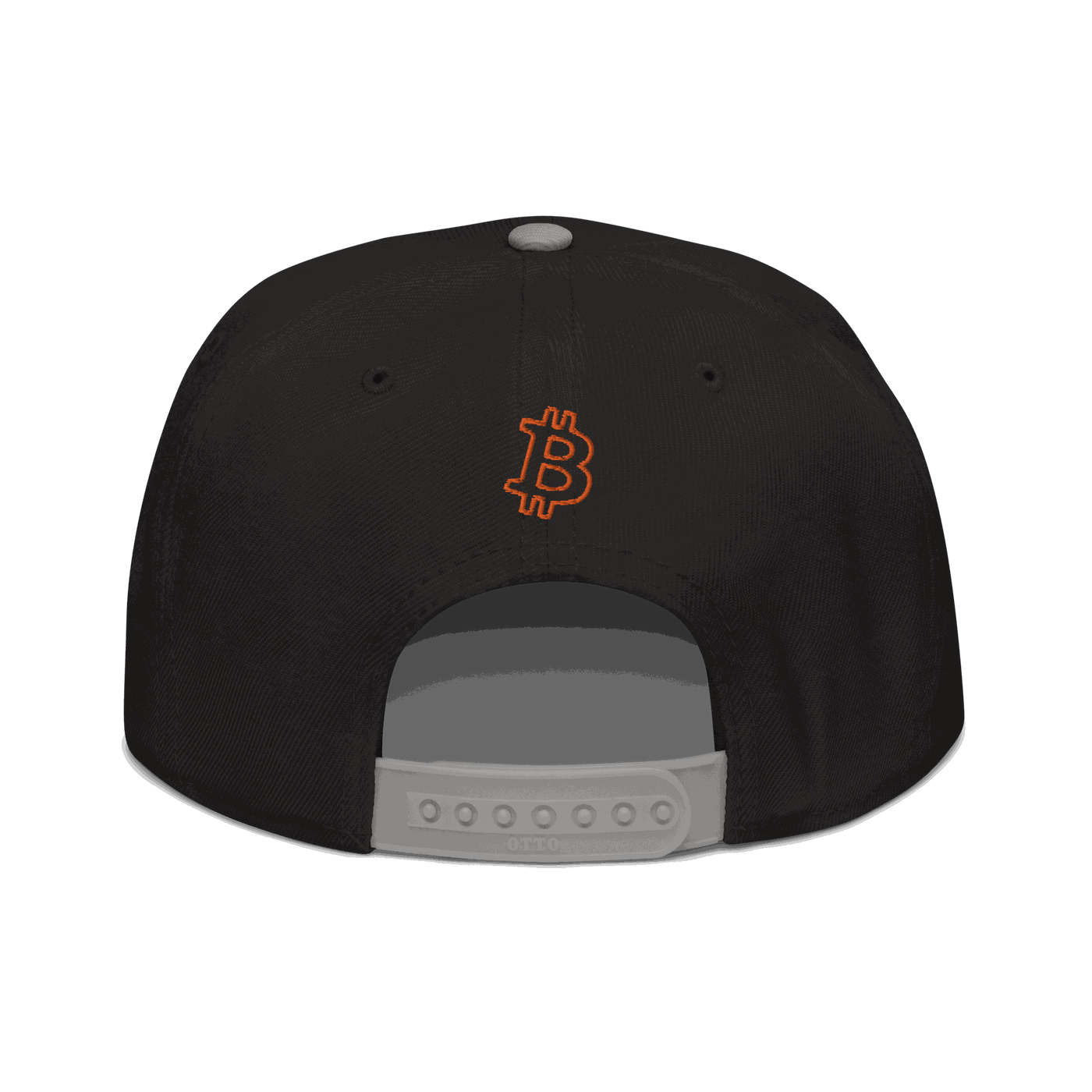 Back view of a black and grey bitcoin snapback hat.