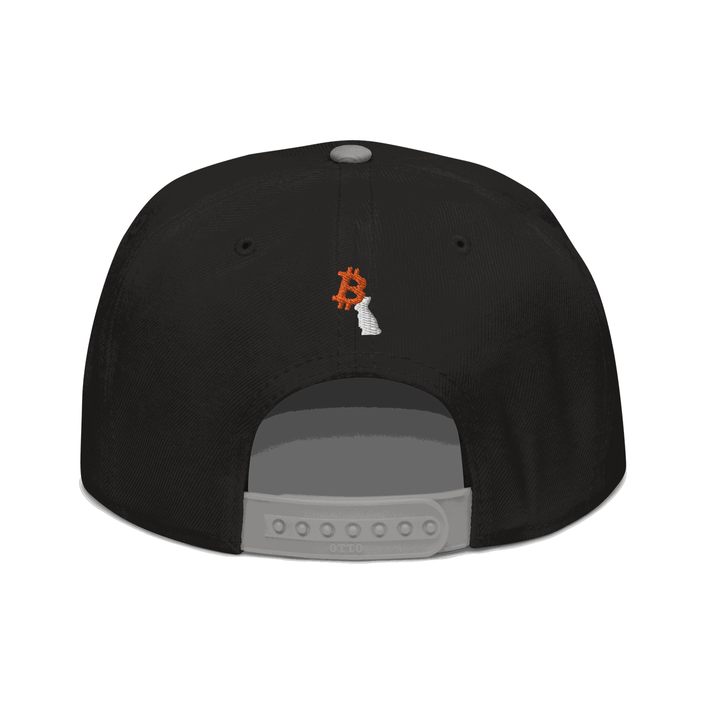 Back view of a black and grey bitcoin snapback hat.