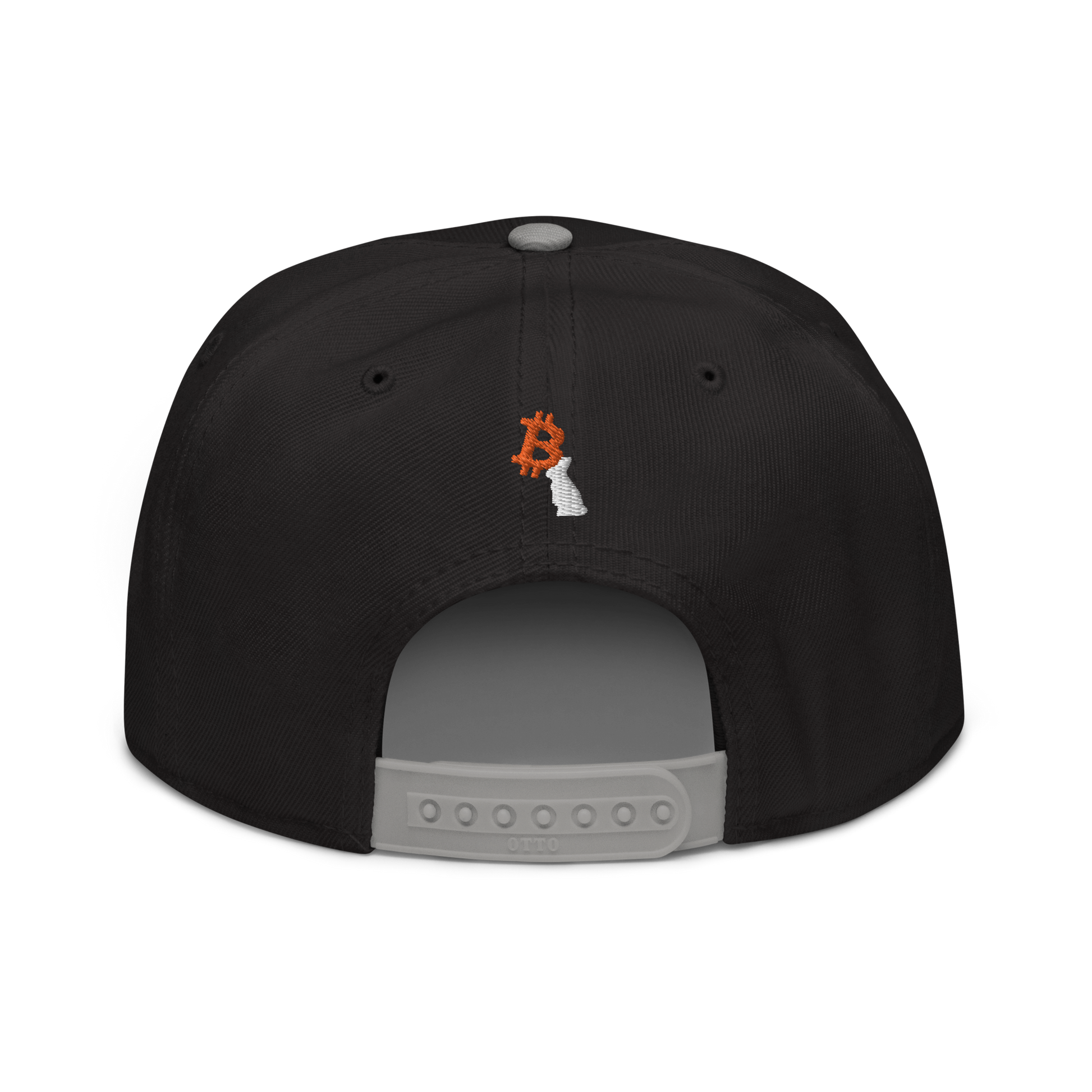 Back view of a black and grey bitcoin snapback hat.