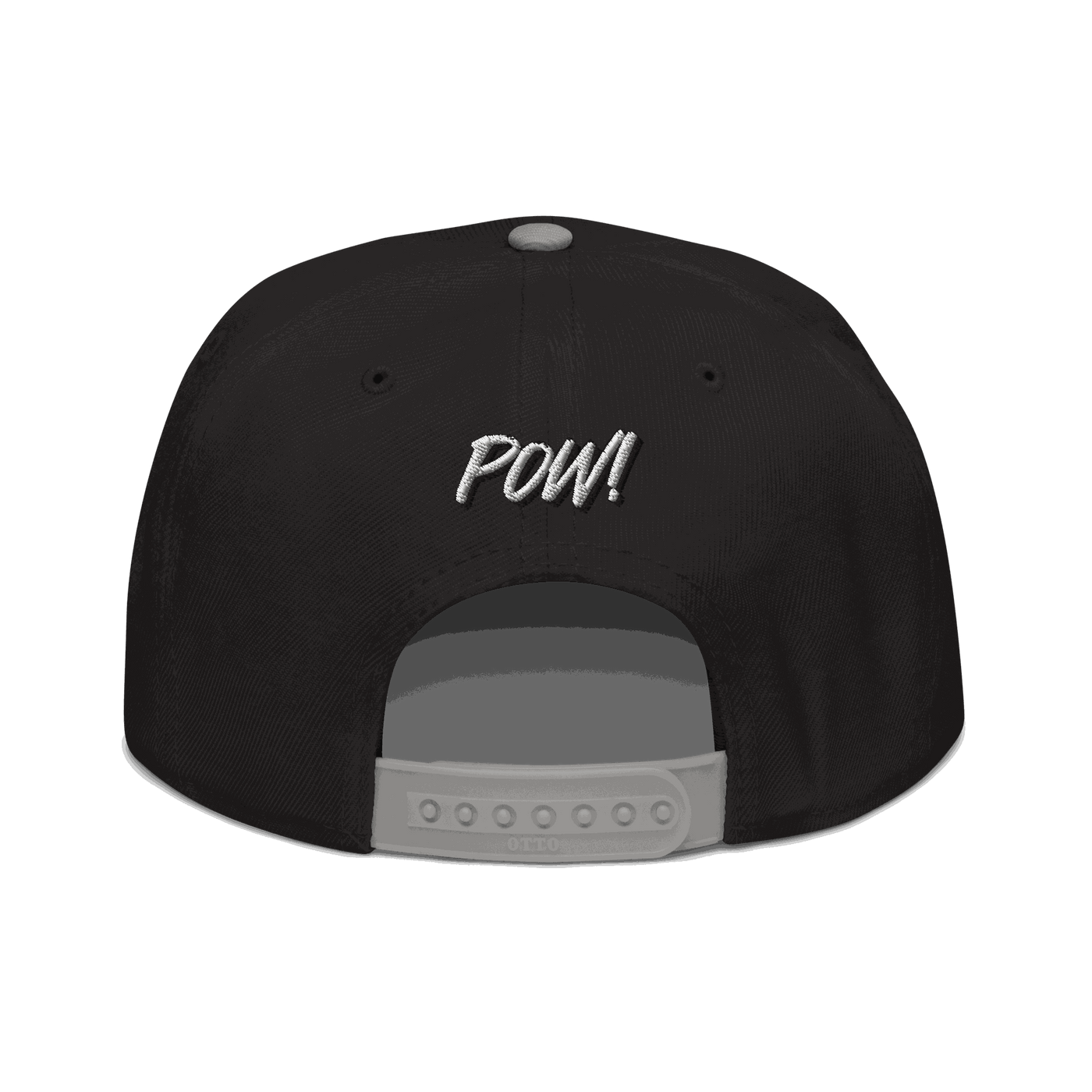 Back view of a black and grey bitcoin snapback hat.