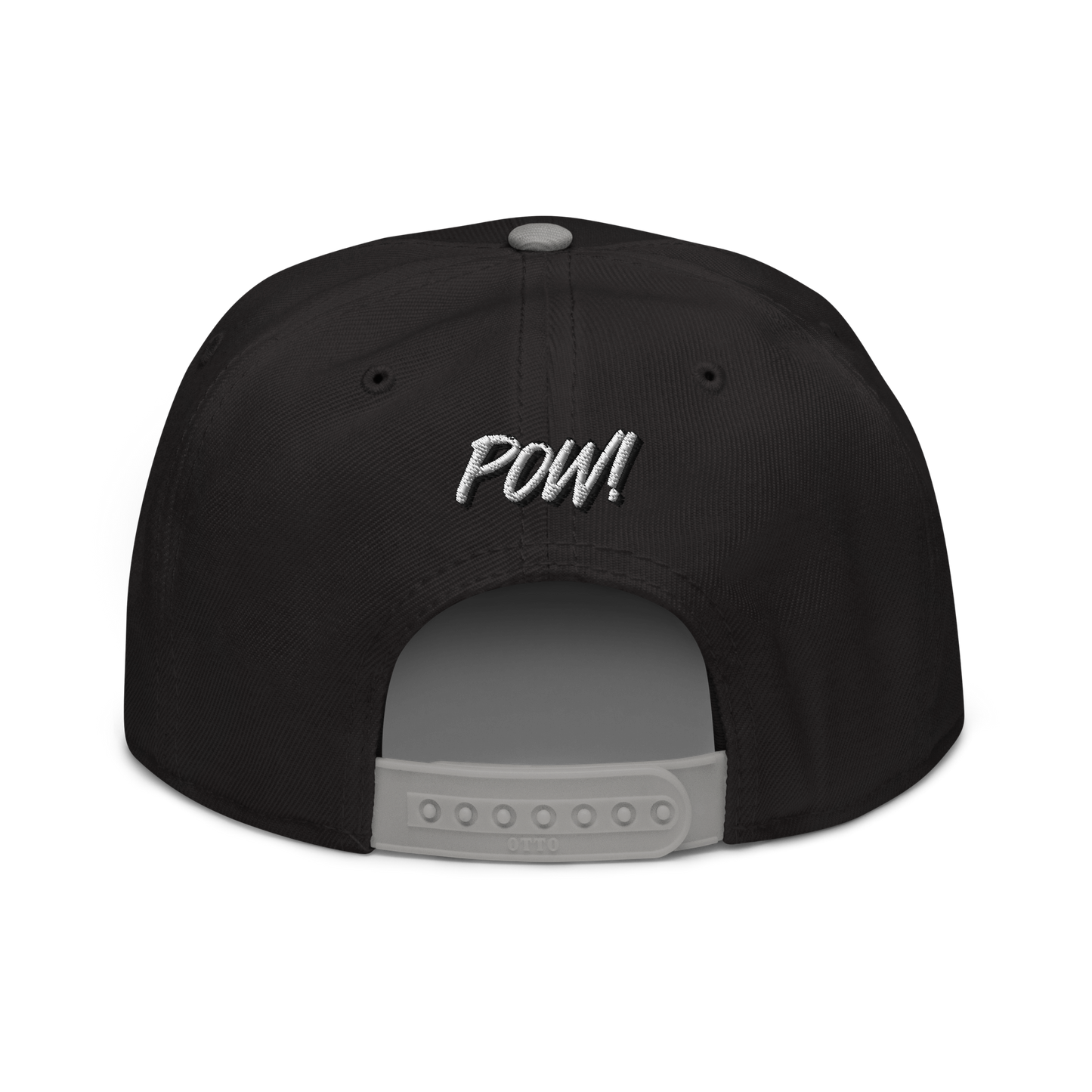 Back view of a black and grey bitcoin snapback hat.