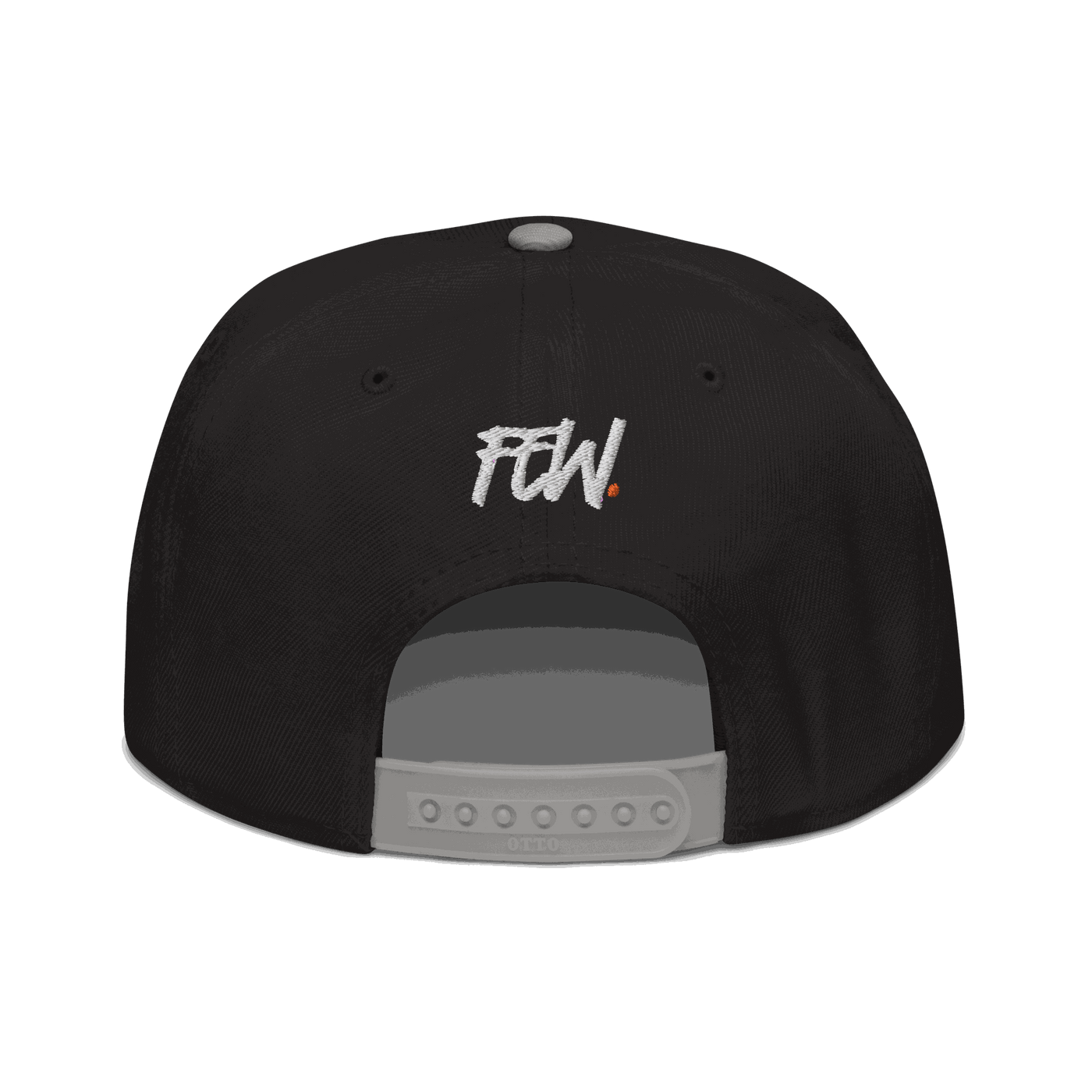 Back view of a black and grey bitcoin snapback hat.