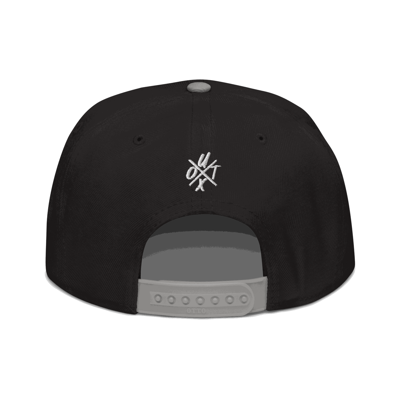 Back view of a black and grey bitcoin snapback hat.
