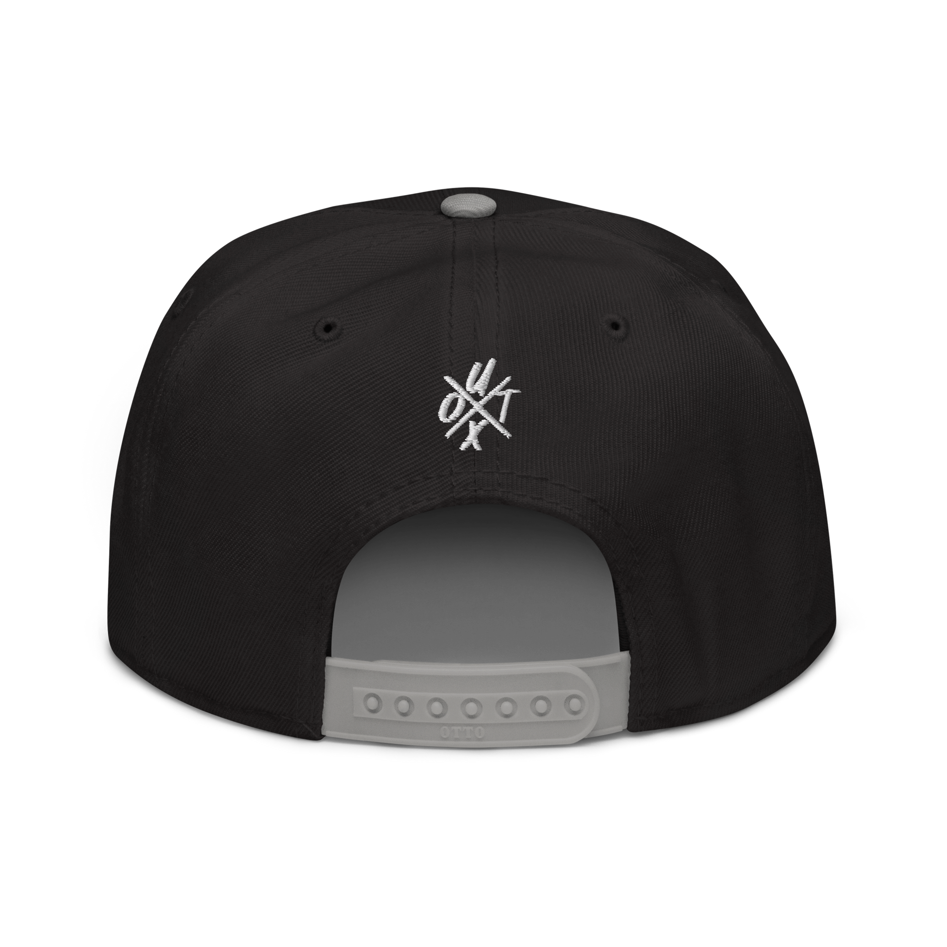 Back view of a black and grey bitcoin snapback hat.