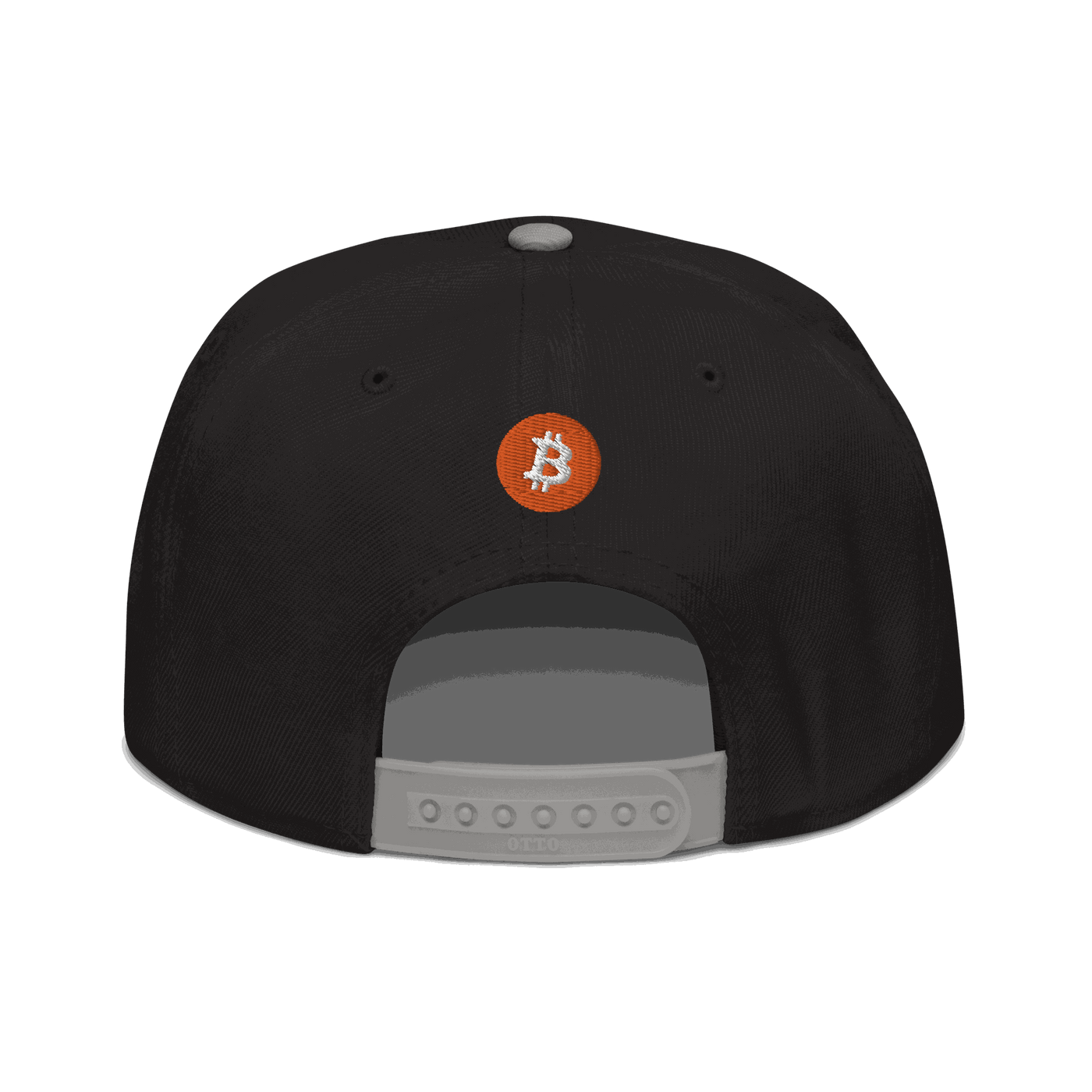 Black Einundzwanzig Bitcoin snapback hat with flat visor and grey under visor