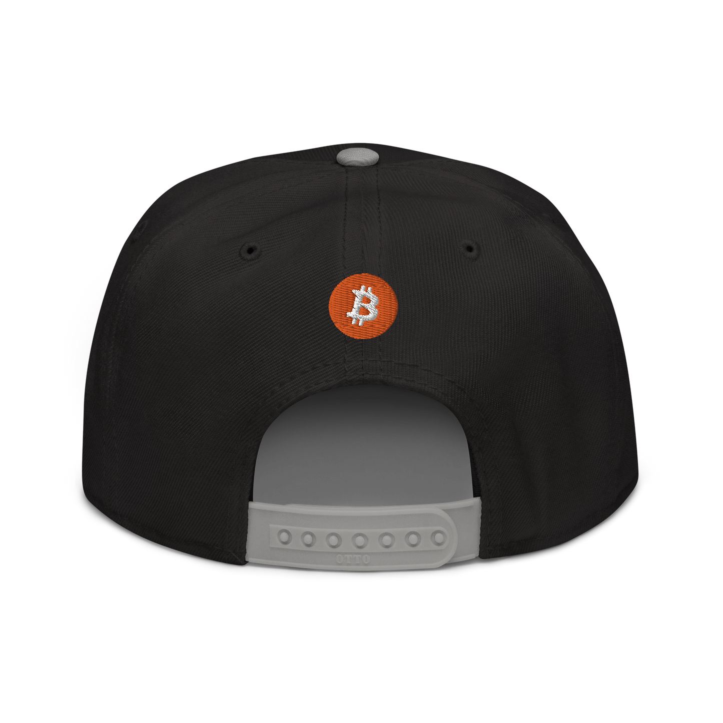 Back view of a black and grey bitcoin snapback hat.