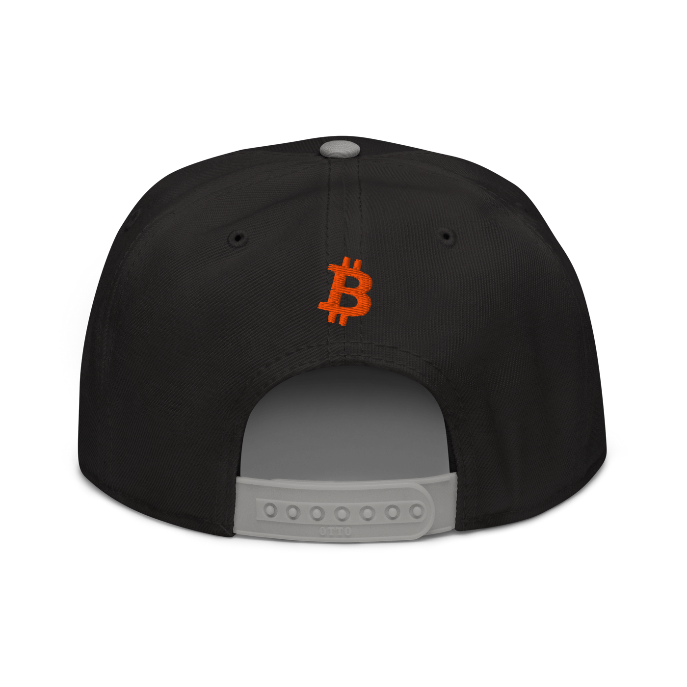 Emergency Exit bitcoin snapback hat in Gray / Black / Black, back view.