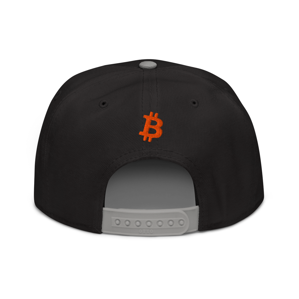 Bitcoin B bitcoin snapback hat in Gray / Black / Black, back view.