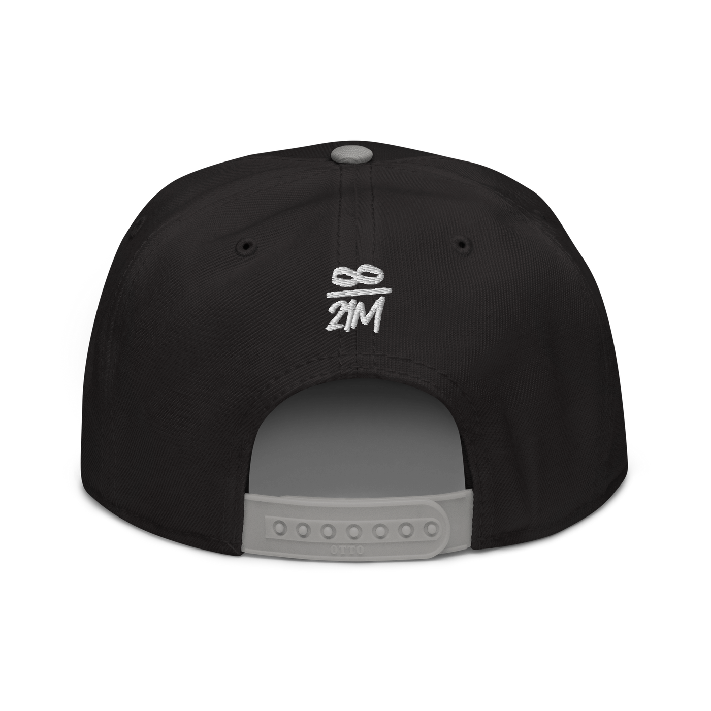 Infinity / 21M bitcoin snapback hat in Gray / Black / Black, back view.