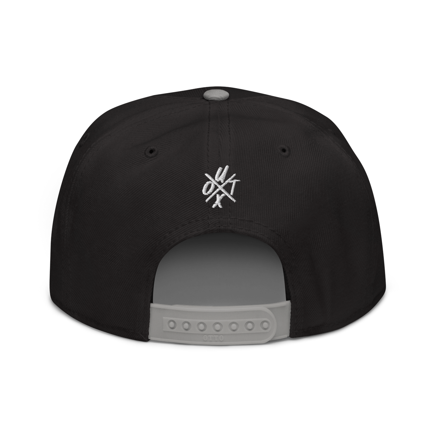 UTXO bitcoin snapback hat in Gray / Black / Black, back view.