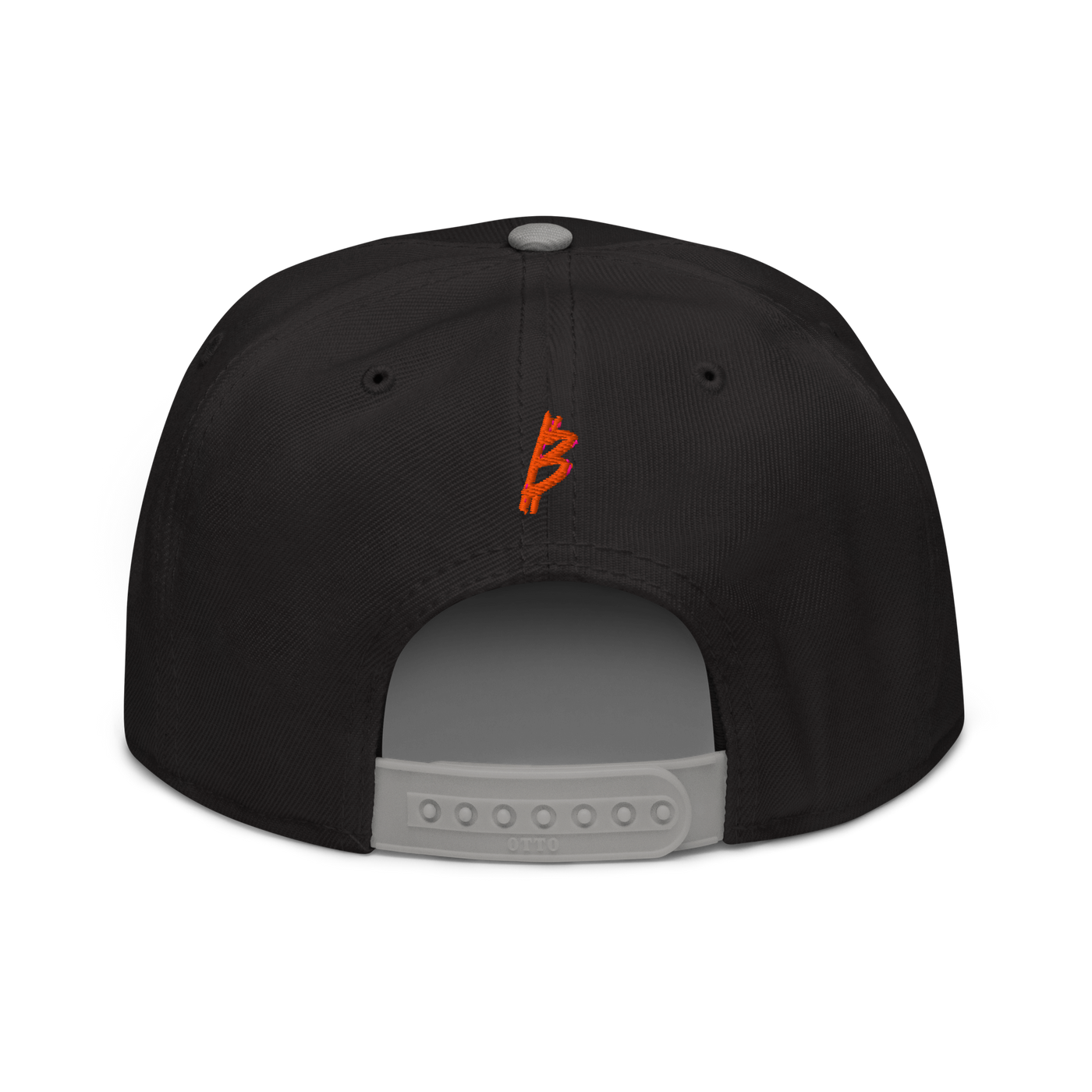 21 Rebel bitcoin snapback hat in Gray / Black / Black, back view.