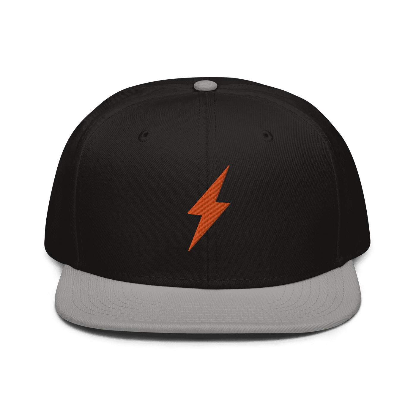 Front view of a black and grey bitcoin snapback hat.