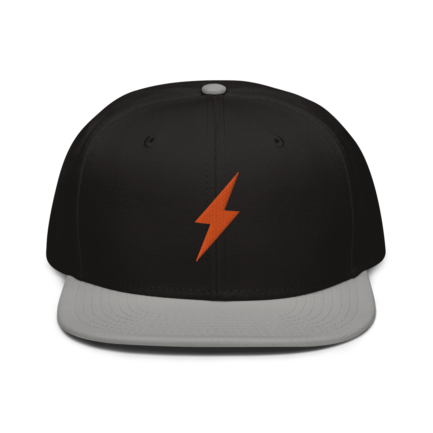 Front view of a black and grey bitcoin snapback hat.