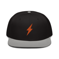Front view of a black and grey bitcoin snapback hat.