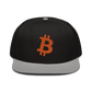Front view of a black and grey bitcoin snapback hat.