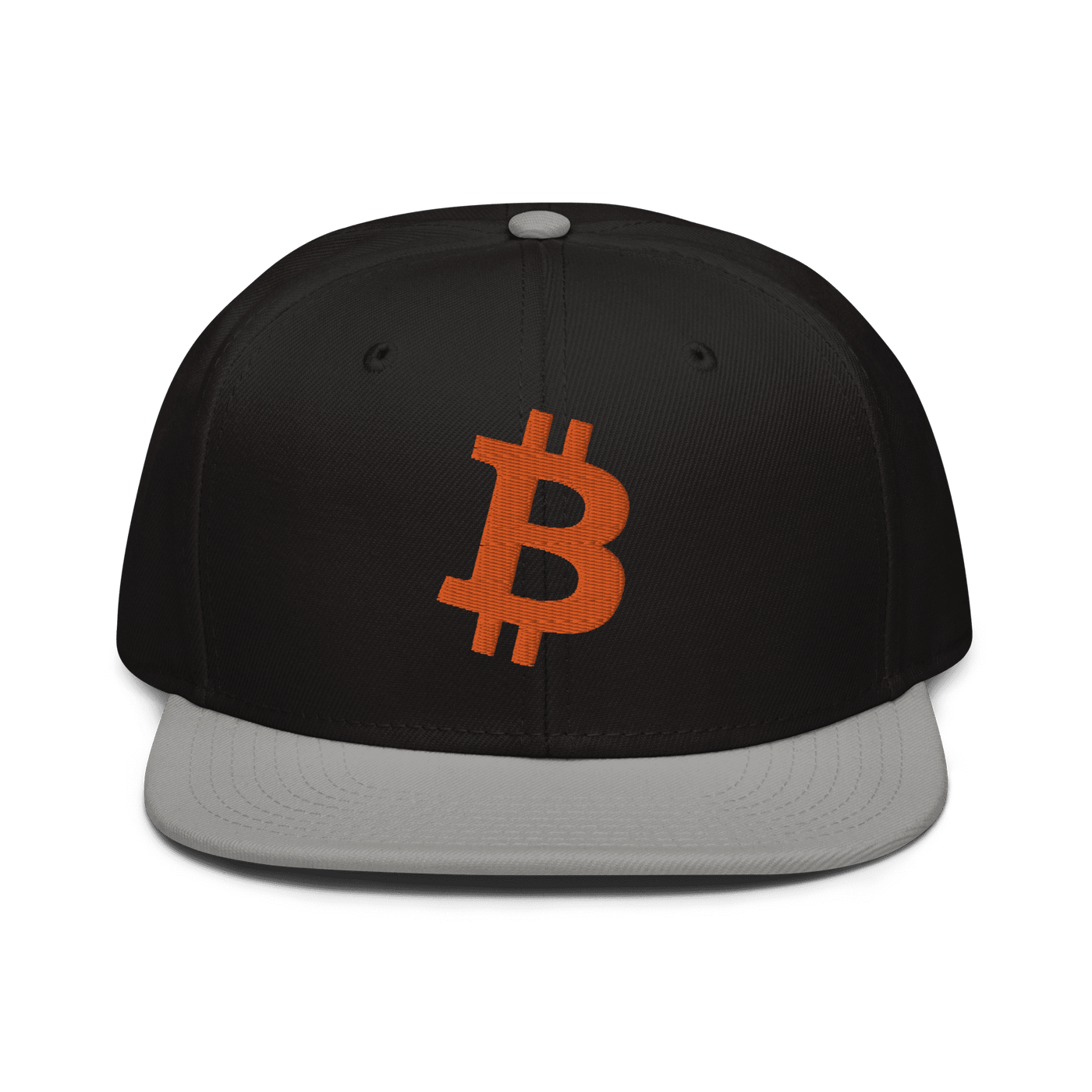 Front view of a black and grey bitcoin snapback hat.
