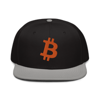 Front view of a black and grey bitcoin snapback hat.