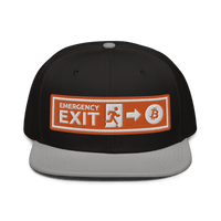 Front view of a black and grey bitcoin snapback hat.