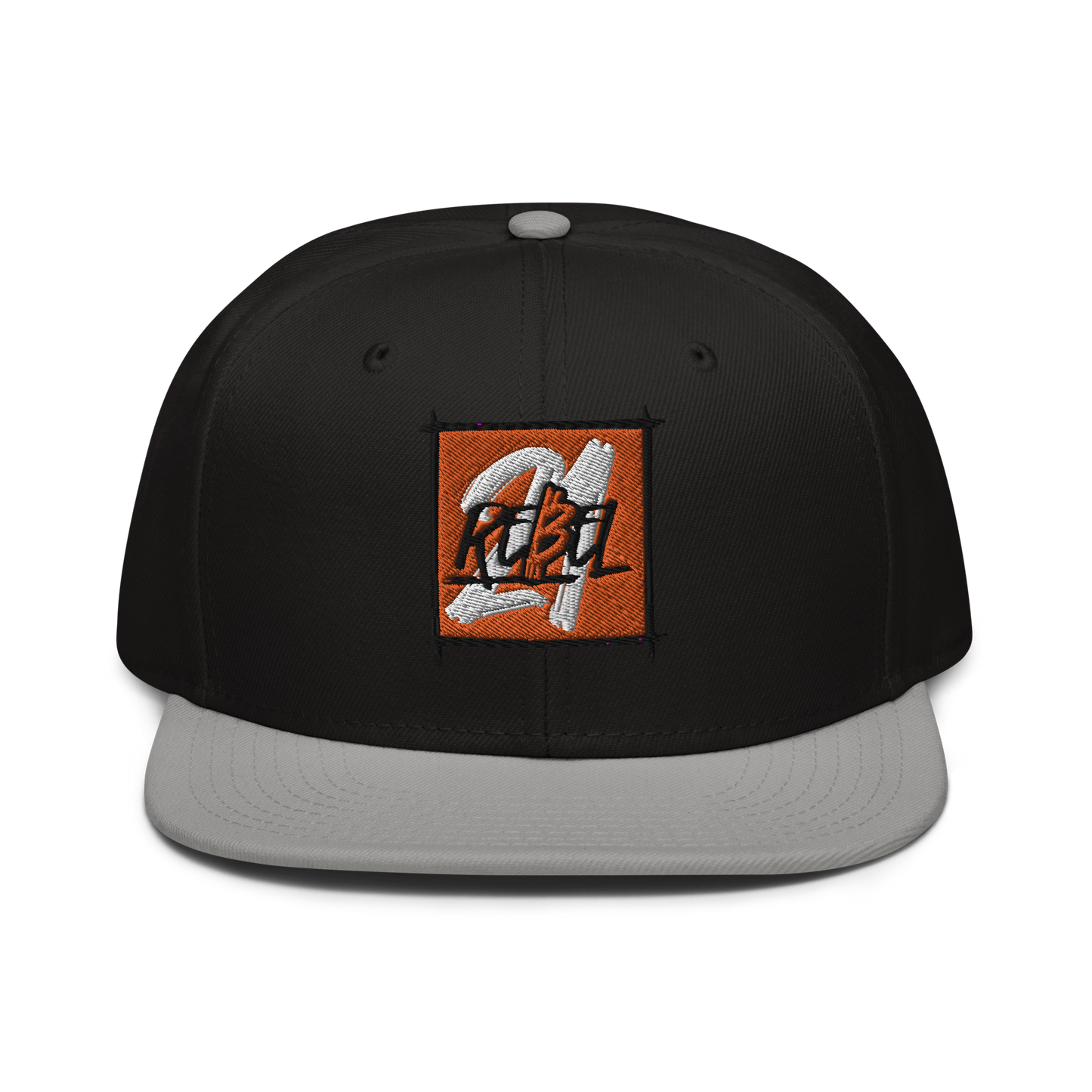Front view of a black and grey bitcoin snapback hat.