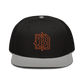 Front view of a black and grey bitcoin snapback hat.