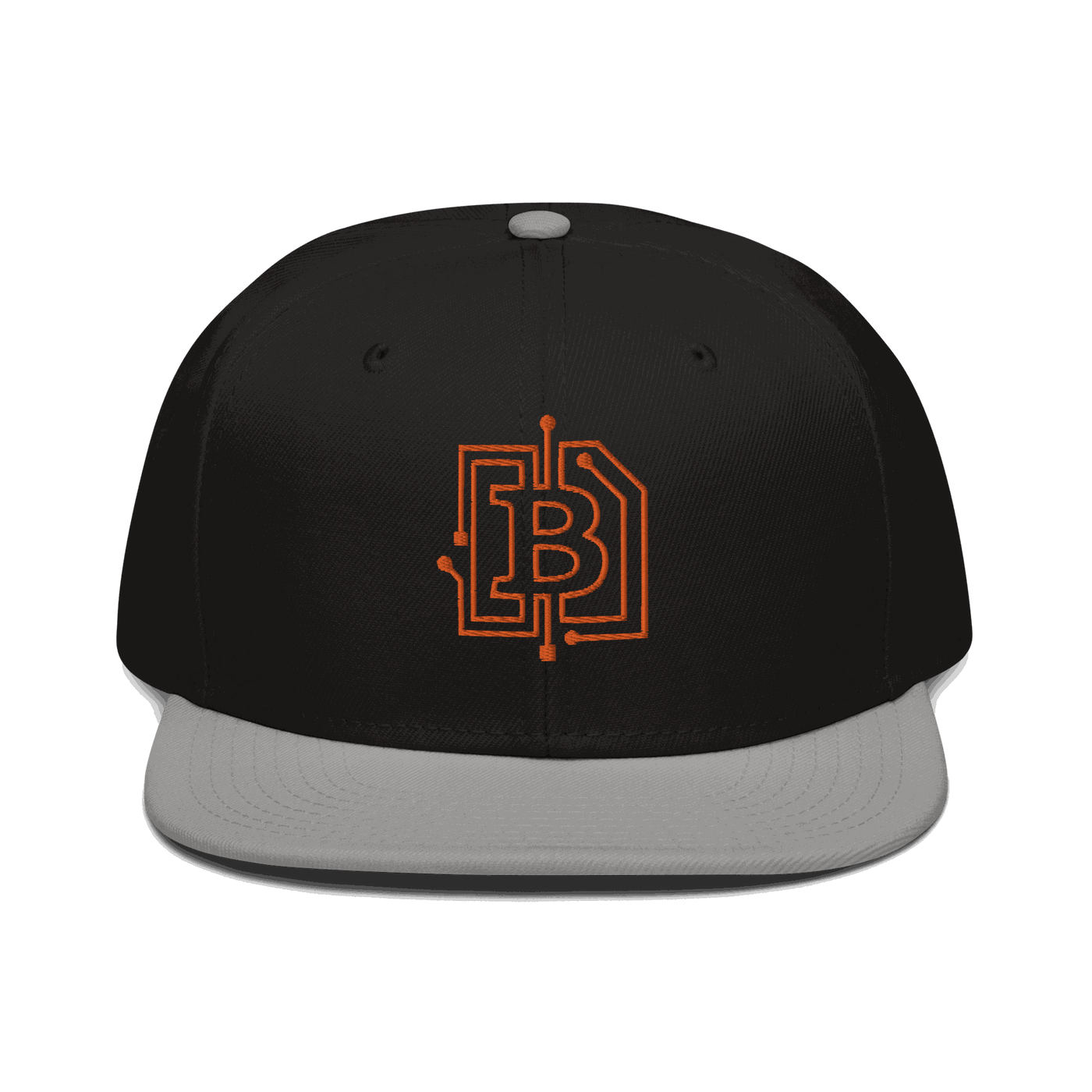 Front view of a black and grey bitcoin snapback hat.