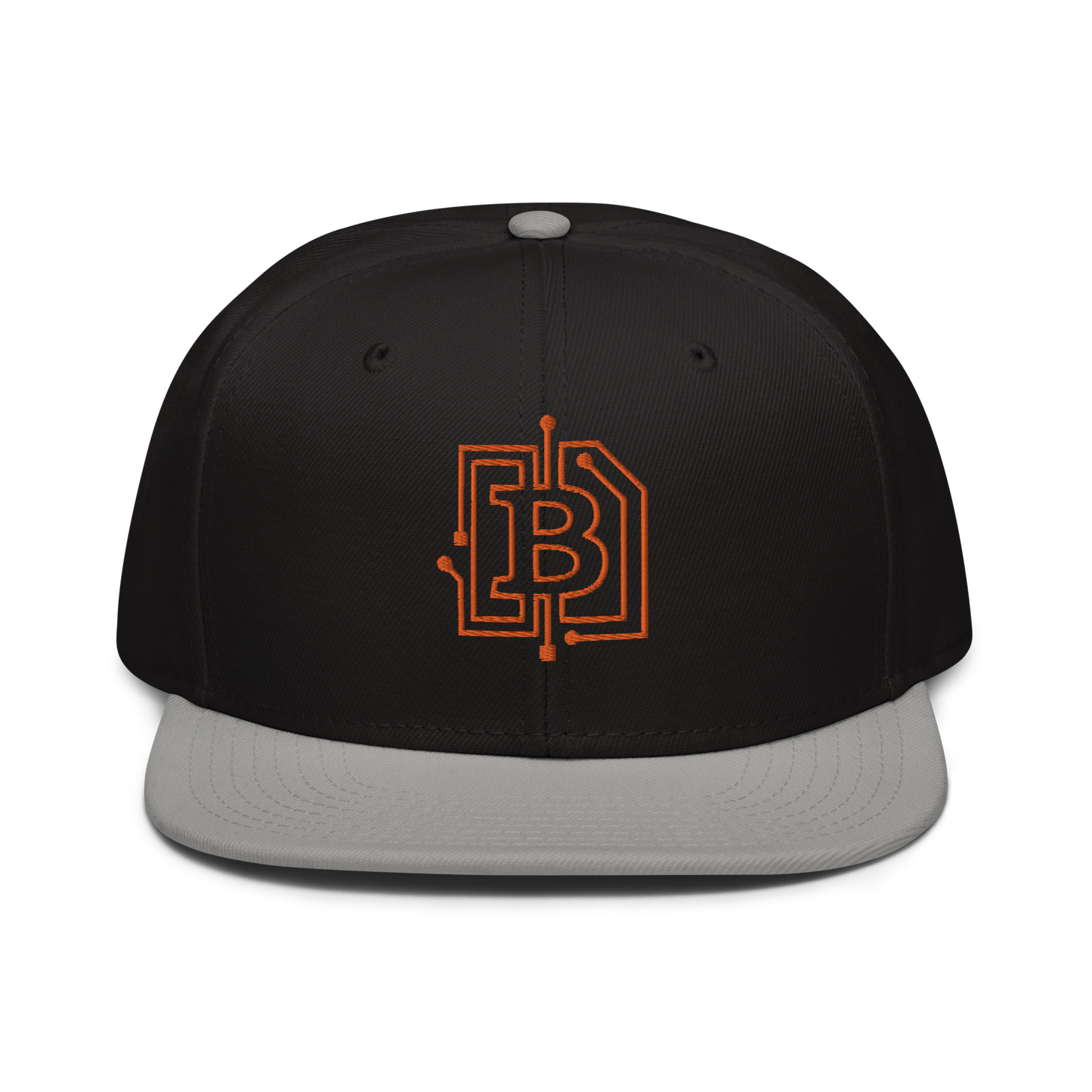 Front view of a black and grey bitcoin snapback hat.