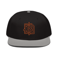 Front view of a black and grey bitcoin snapback hat.