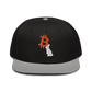 Front view of a black and grey bitcoin snapback hat.