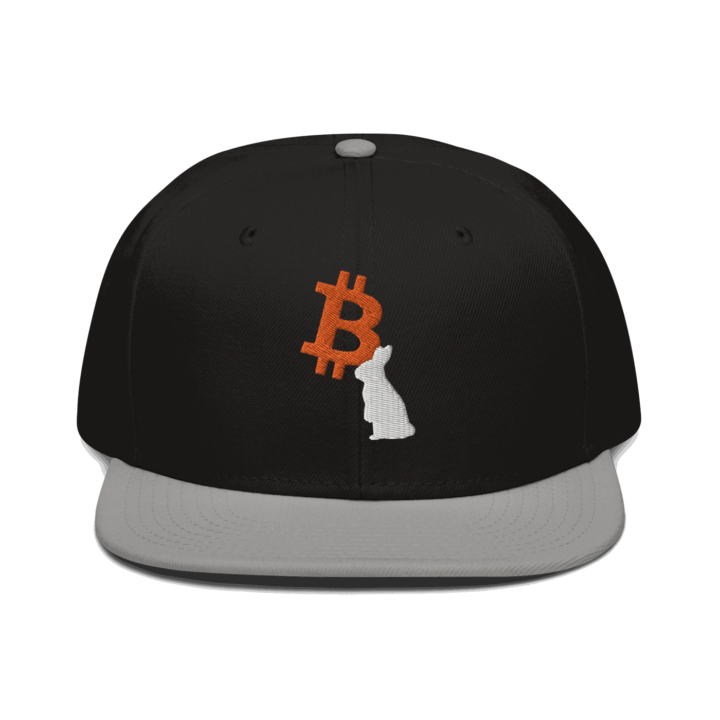 Front view of a black and grey bitcoin snapback hat.