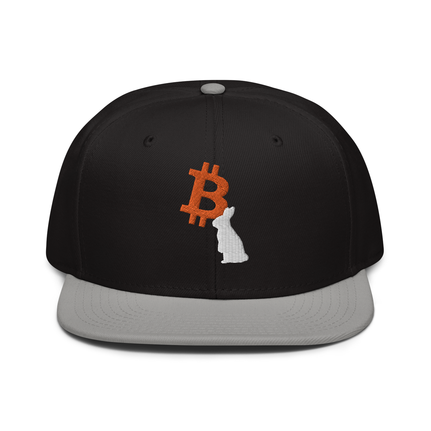 Front view of a black and grey bitcoin snapback hat.