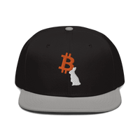 Front view of a black and grey bitcoin snapback hat.
