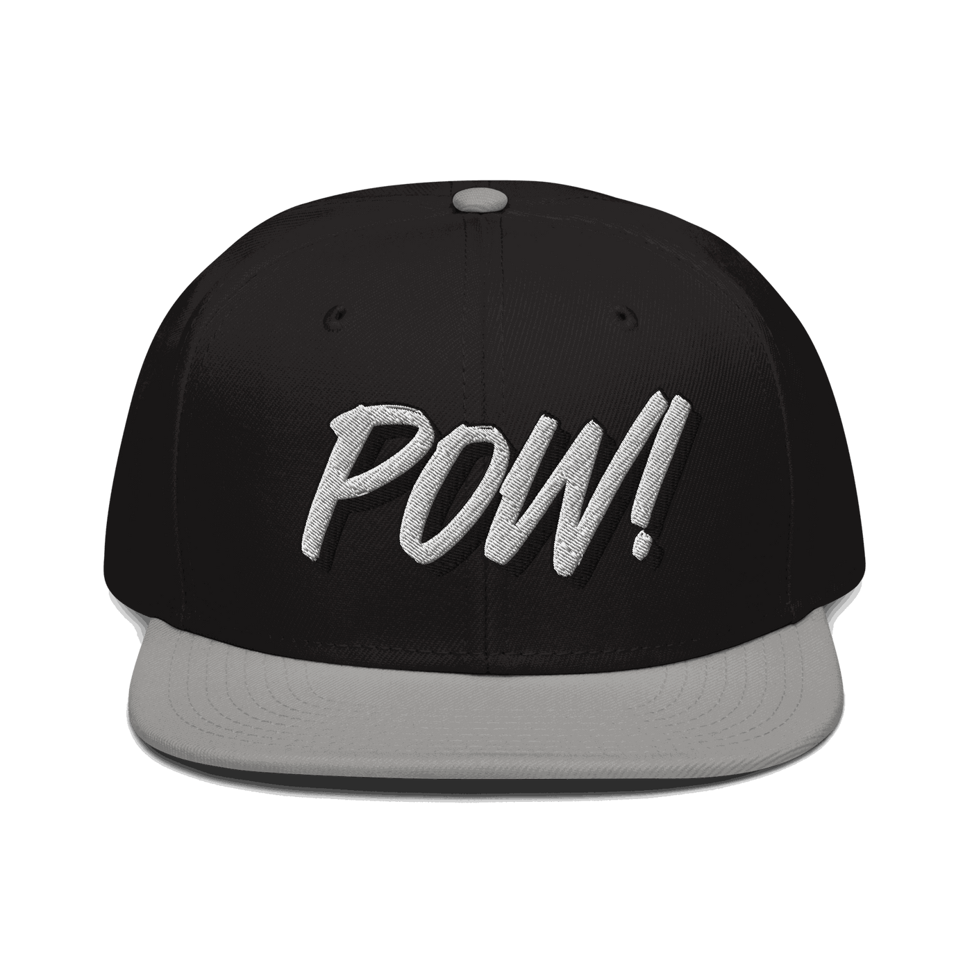 Front view of a black and grey bitcoin snapback hat.