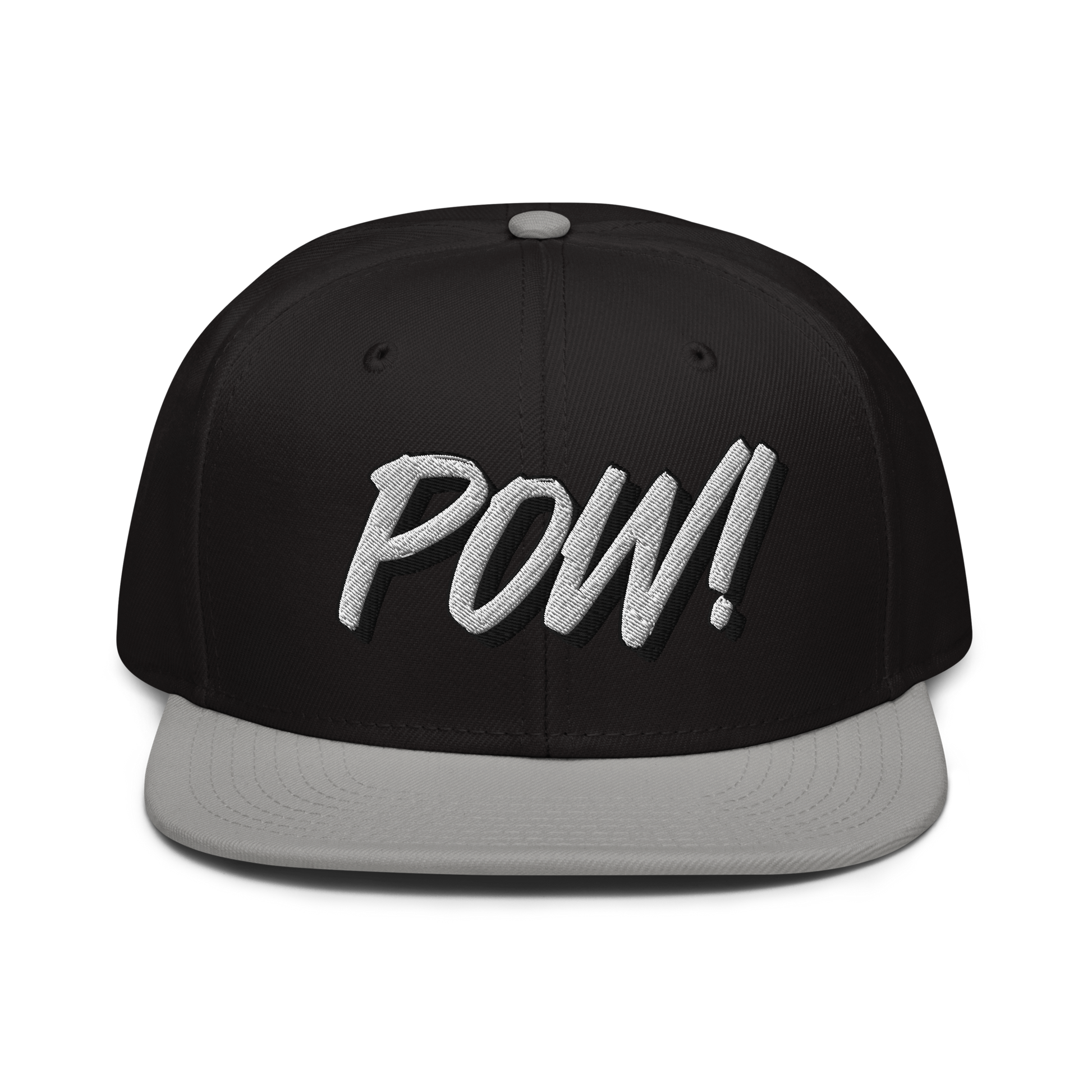 Front view of a black and grey bitcoin snapback hat.