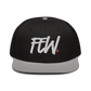 Front view of a black and grey bitcoin snapback hat.