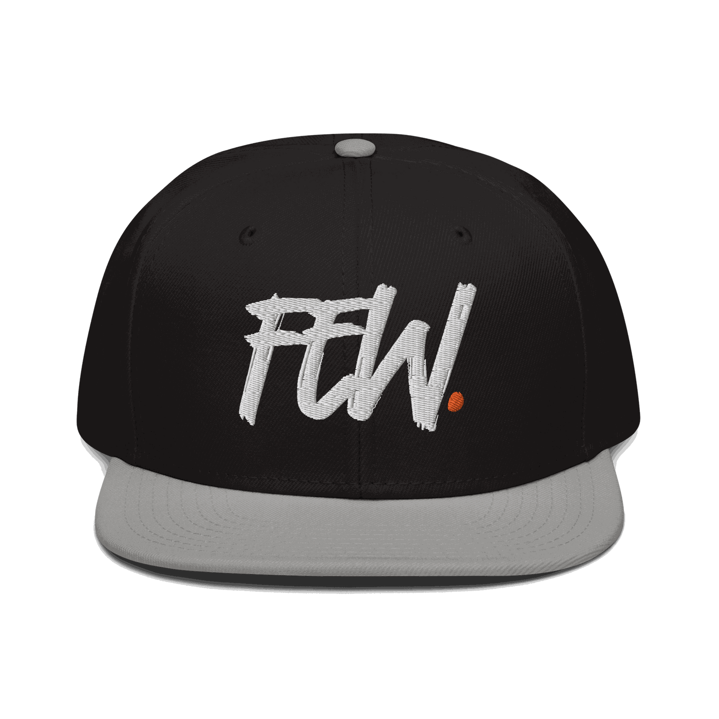 Front view of a black and grey bitcoin snapback hat.