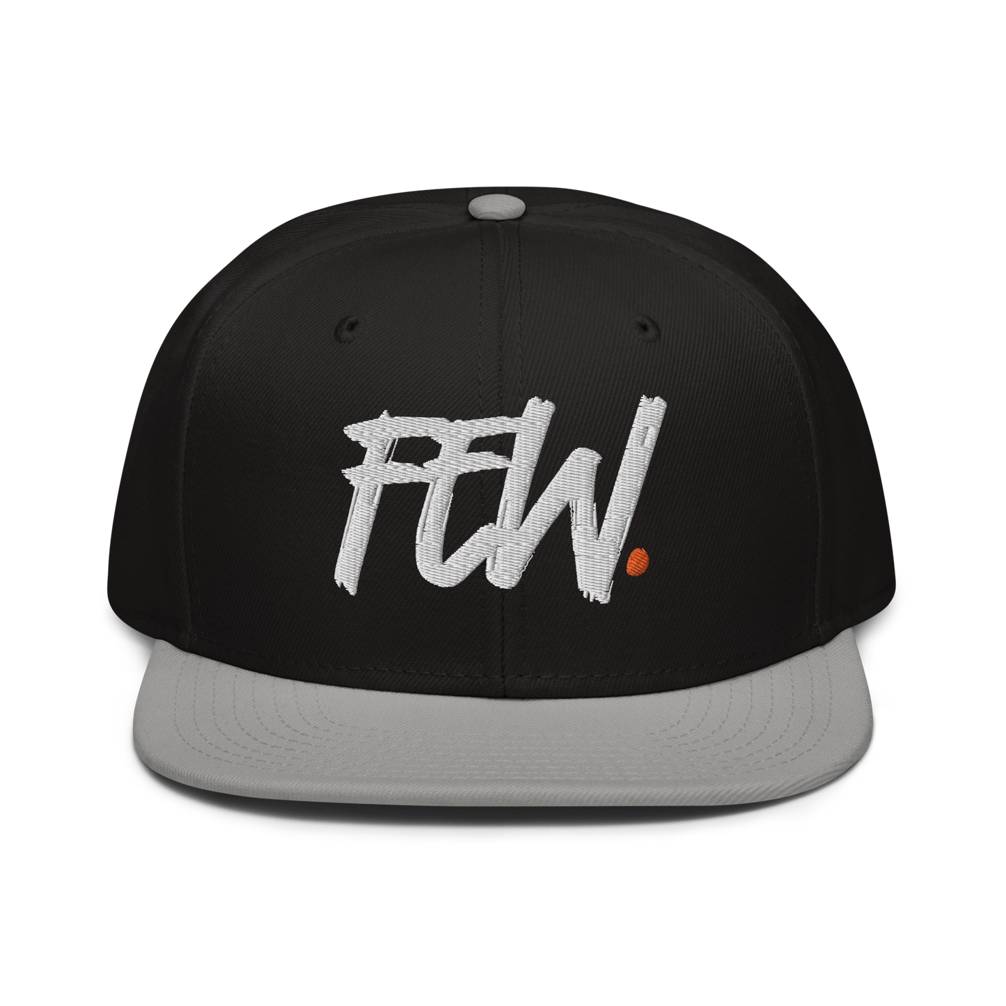 Front view of a black and grey bitcoin snapback hat.