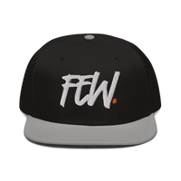 Front view of a black and grey bitcoin snapback hat.